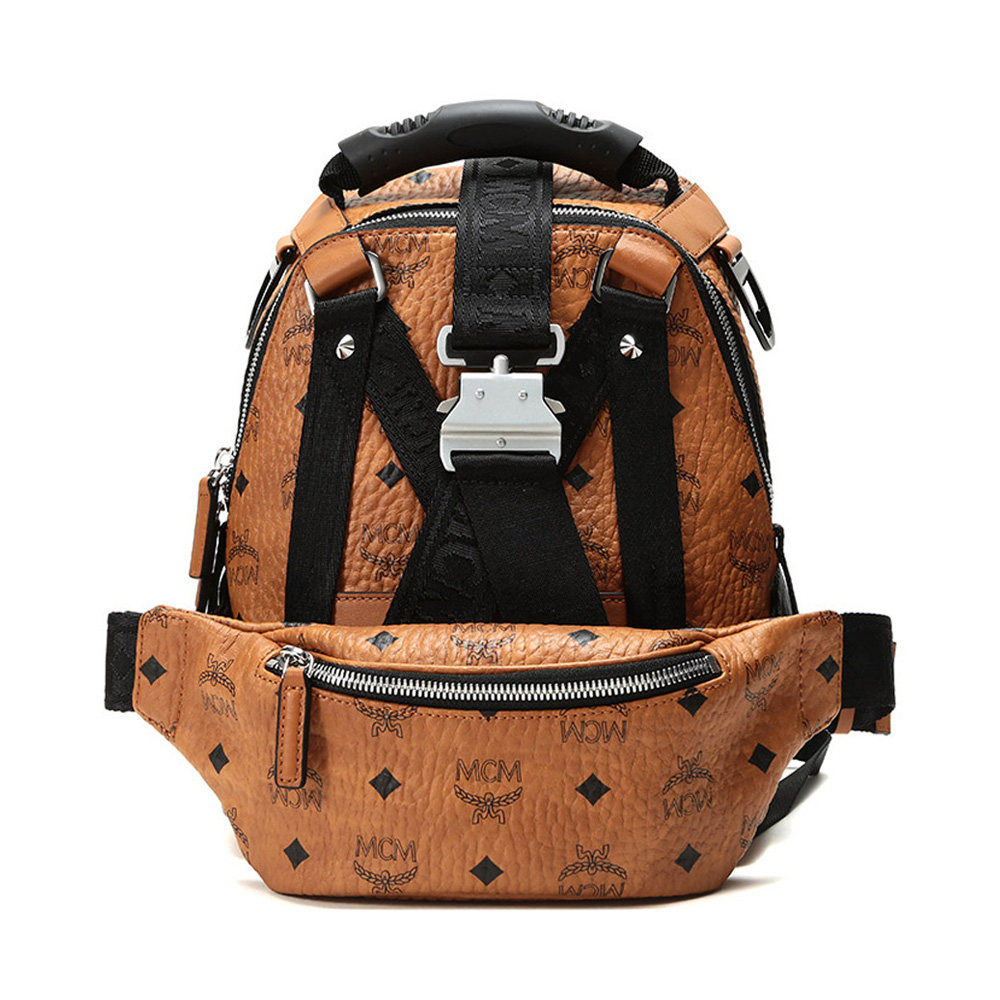 mcm干邑色涂层帆布logo两用男女士中性双肩包腰包