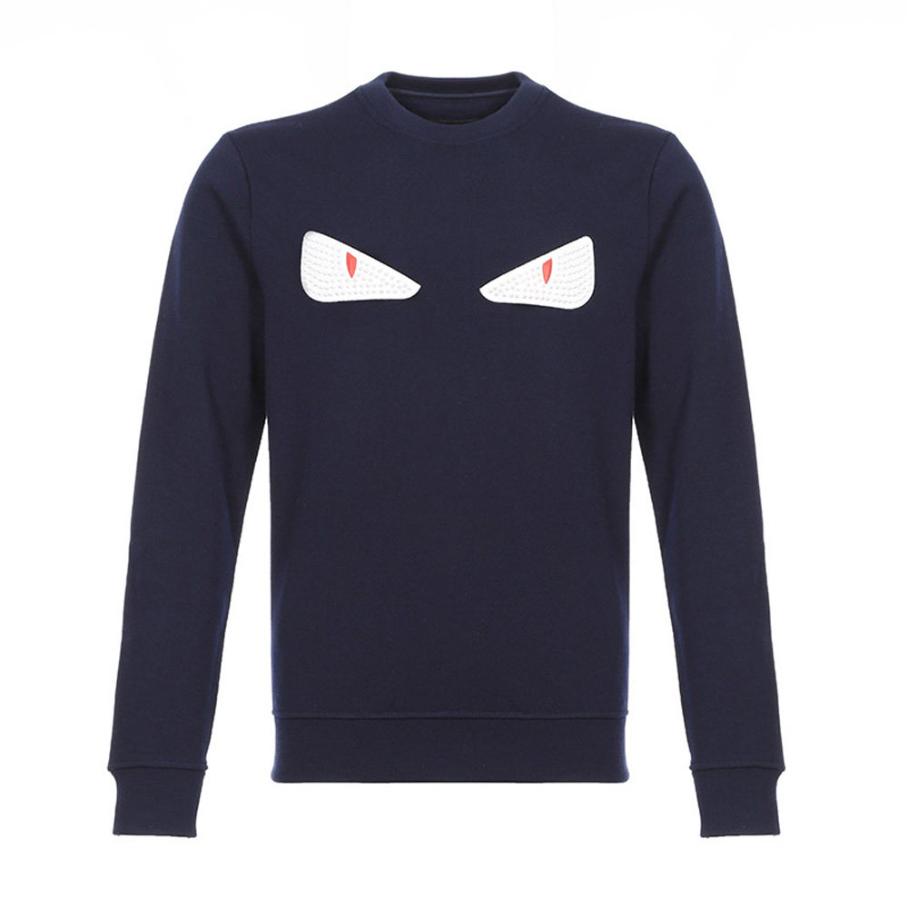 fendi芬迪深蓝色圆领羊毛棉质加绒款小怪兽眼睛男装针织衫