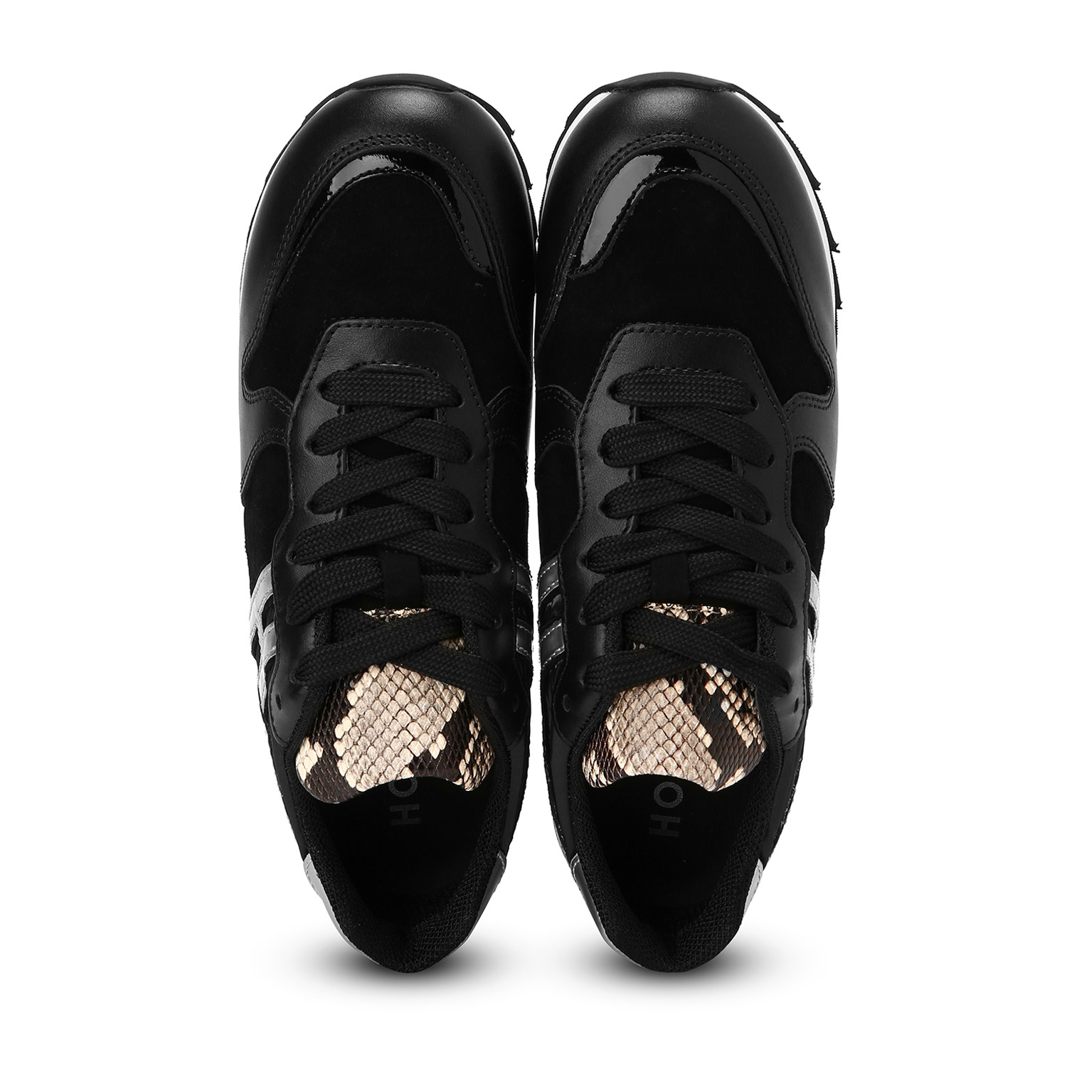 hogan黑色皮革logo蛇纹拼接时尚女士单鞋