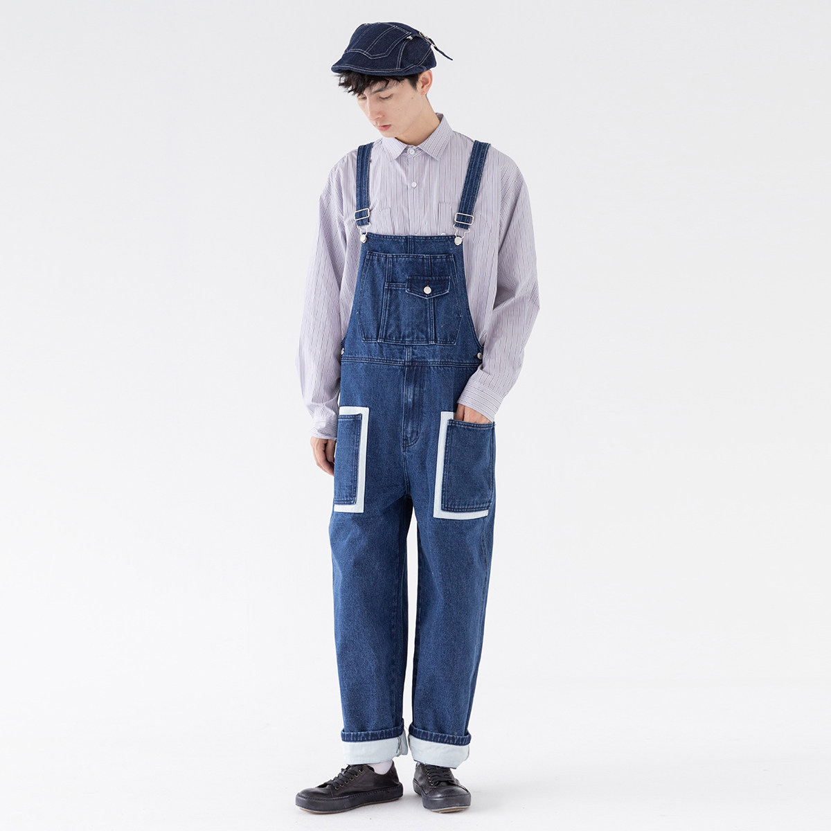 现货秋冬冬日复古牛仔背带裤男工装口袋宽松牛仔裤