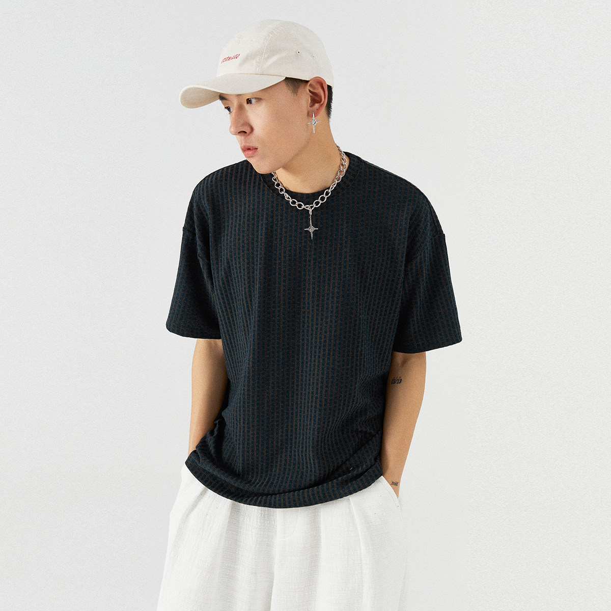 mentmate21ss暗绿复古提花圆领恤衫夏季街头潮男t恤