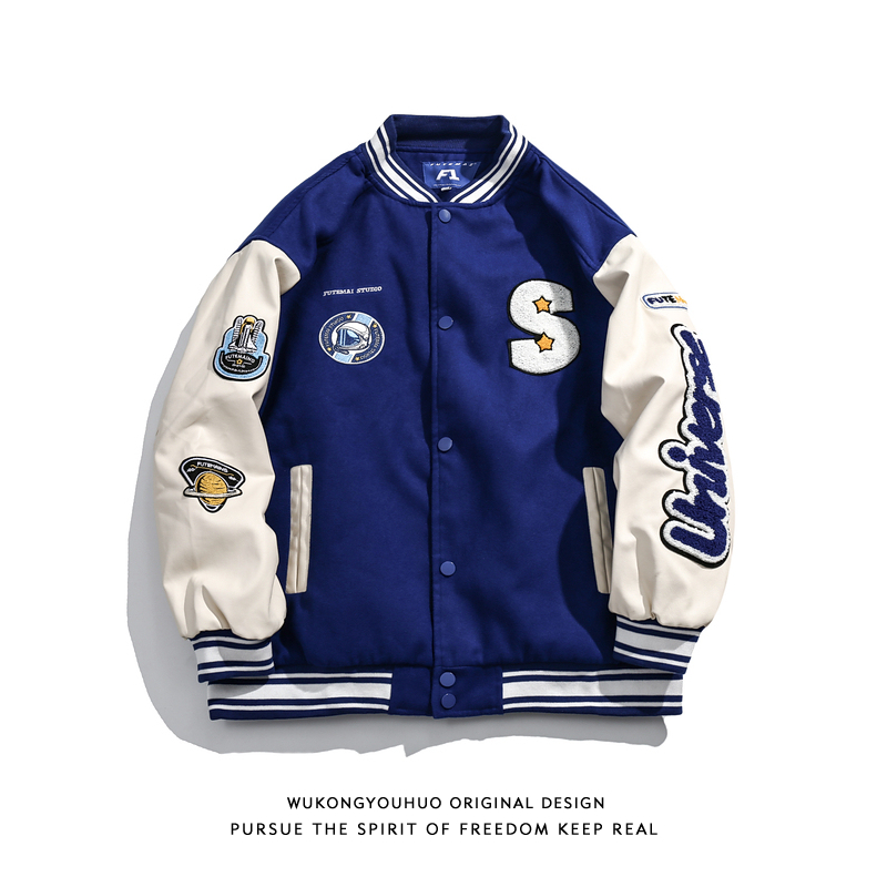 悟空有货潮牌植绒克莱因蓝棒球服外套男潮流嘻哈宽松百搭休闲夹克