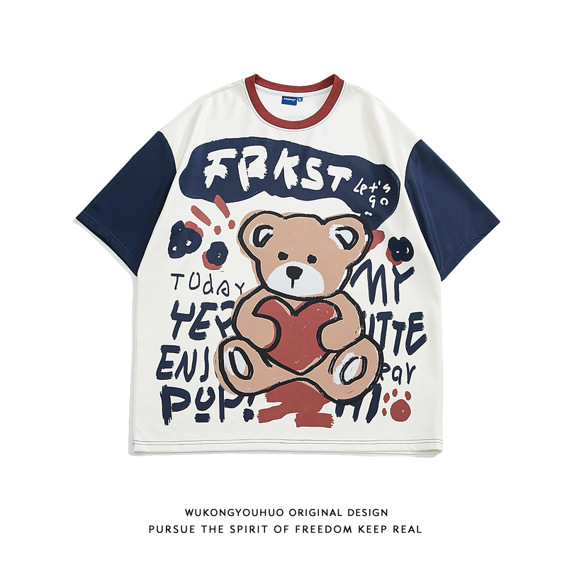 悟空有货街头复古趣味卡通印花短袖T恤男潮牌港风宽松情侣休闲tee