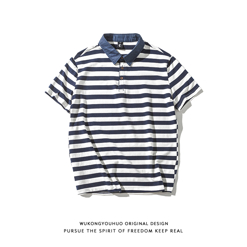 悟空有货日系街头潮牌条纹休闲POLO衫短袖宽松翻领情侣半袖体恤男