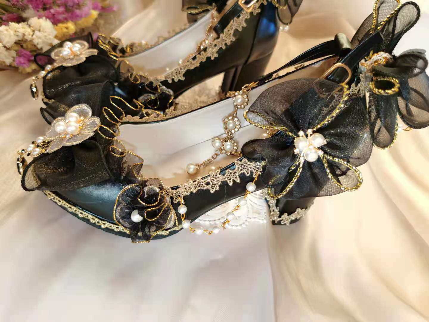 九月lolita花嫁茶会高跟鞋黑金金色百搭华丽公主单鞋