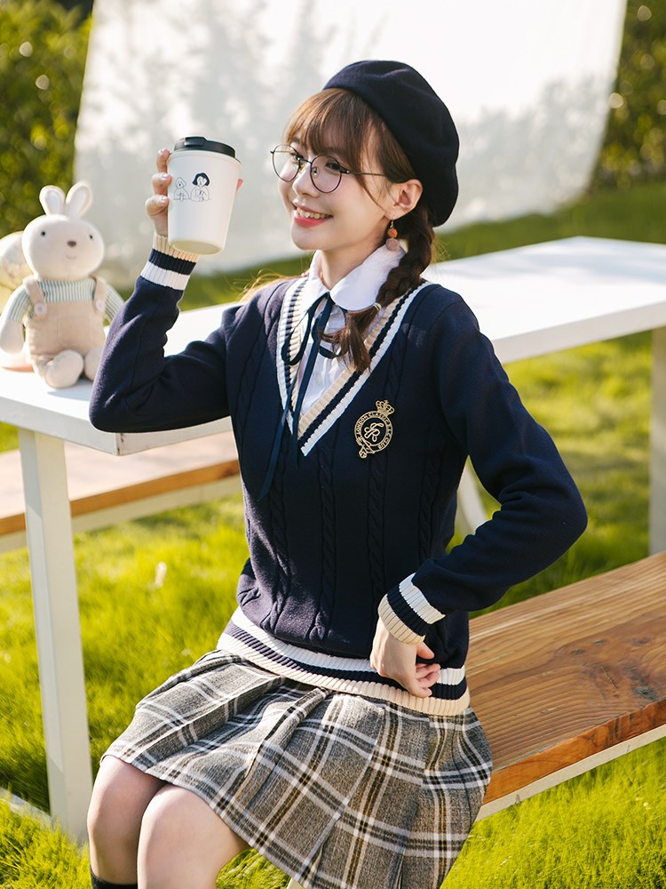 少女秋冬中学生初中可爱甜美制服jk两件衣领毛衣