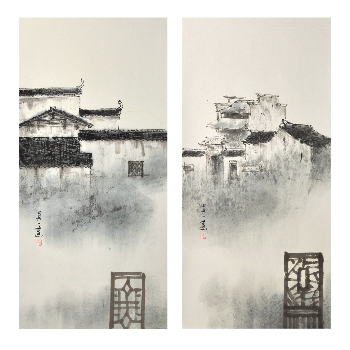 吴门禅意手绘禅意水墨画国画四联新中式中式装饰画徽派国画