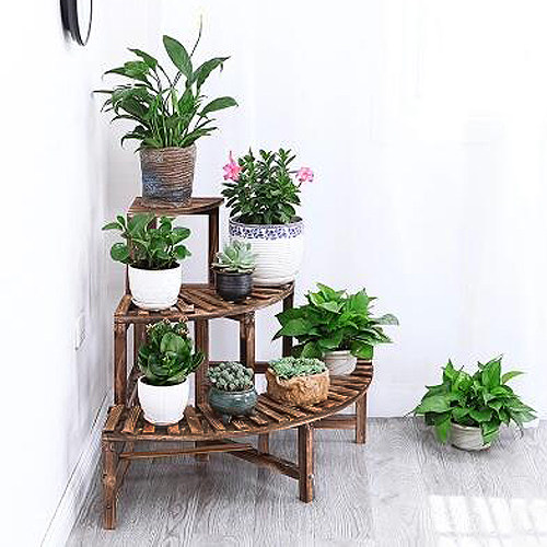 原木角落防腐花盆盆架田园三层转角阶梯多肉花架