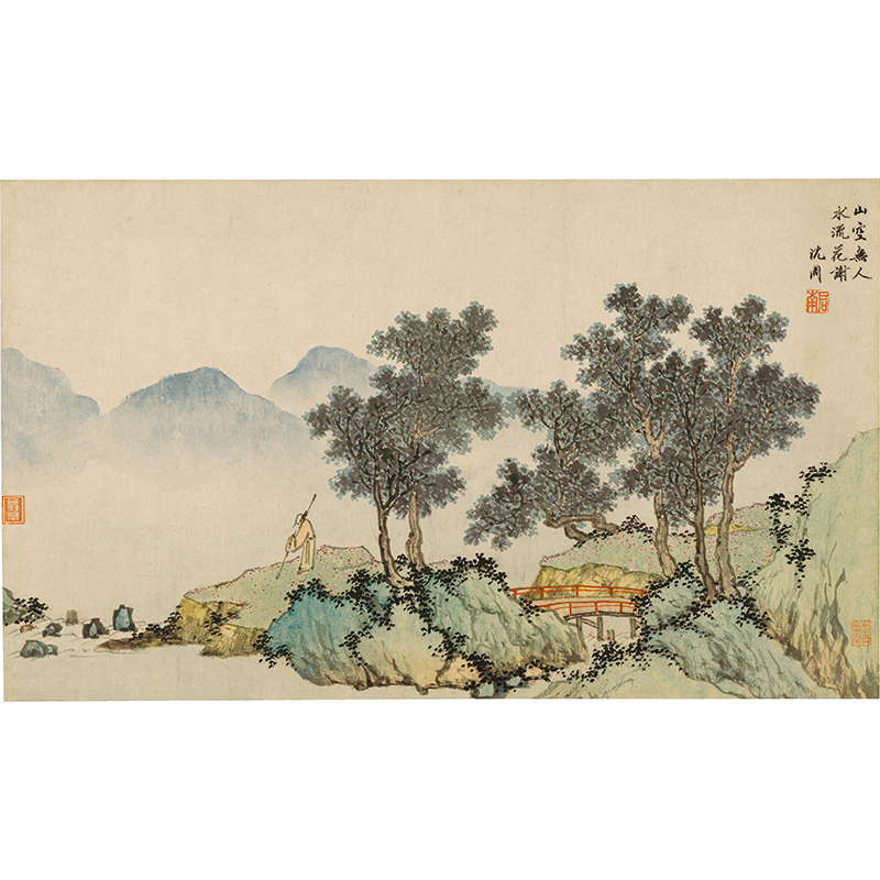 名画复制品沈周落花诗意图设色山水画小品国画艺术微