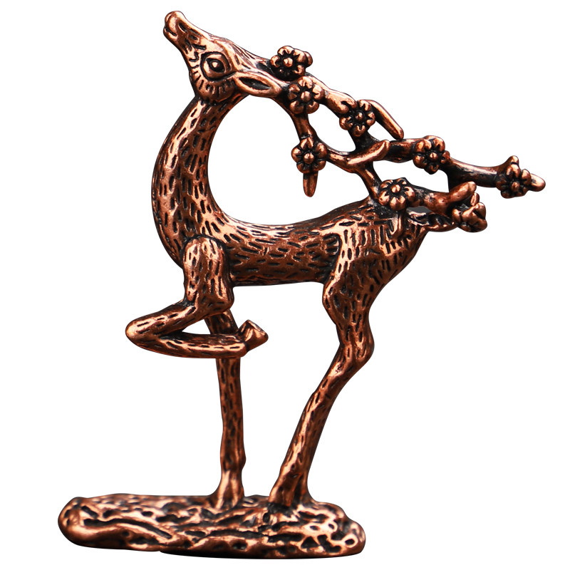 复古做旧纯铜紫铜小鹿花鹿梅花微雕铜雕茶宠茶宠摆件