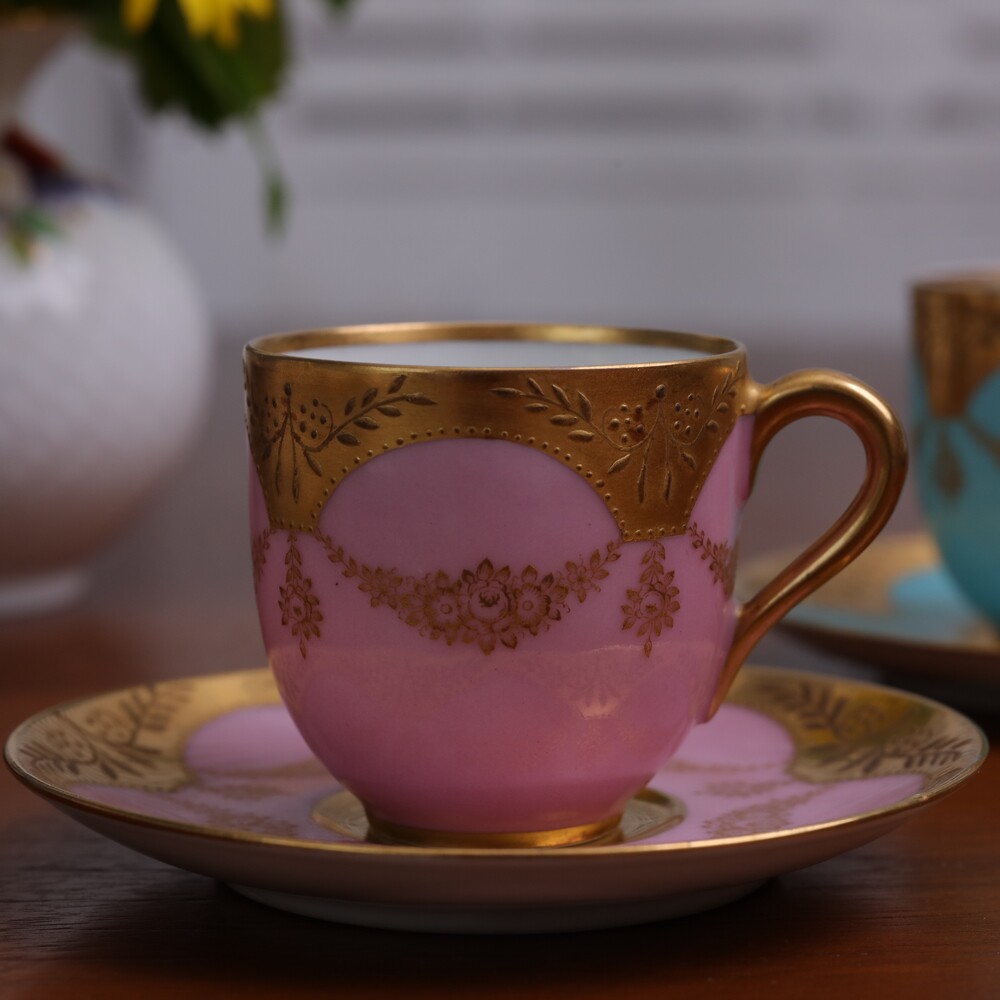 在途粉色咖啡杯浓缩花纹蕾丝花蕾丝浮金德国蓝绿咖啡杯