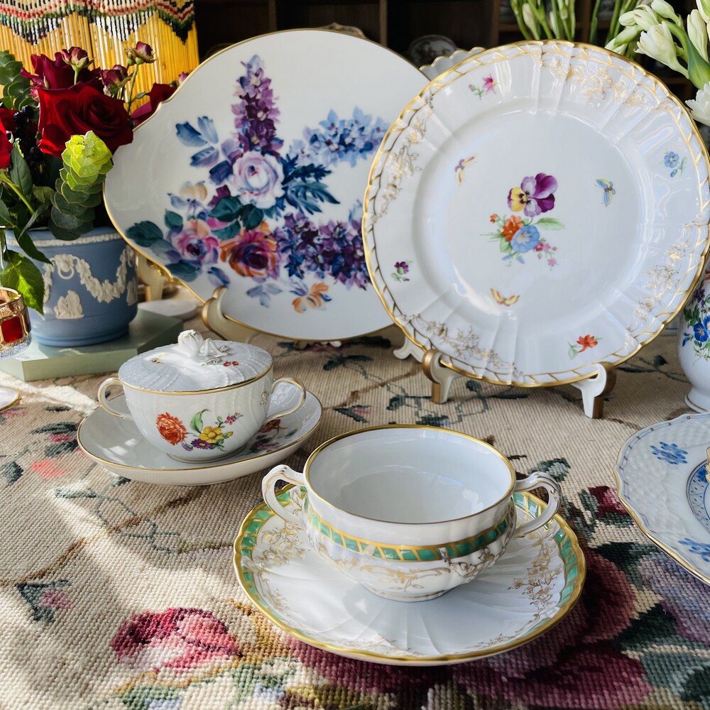 现货德国kpmberlin官绘洛可可风绿藤篮浮雕双耳咖啡杯