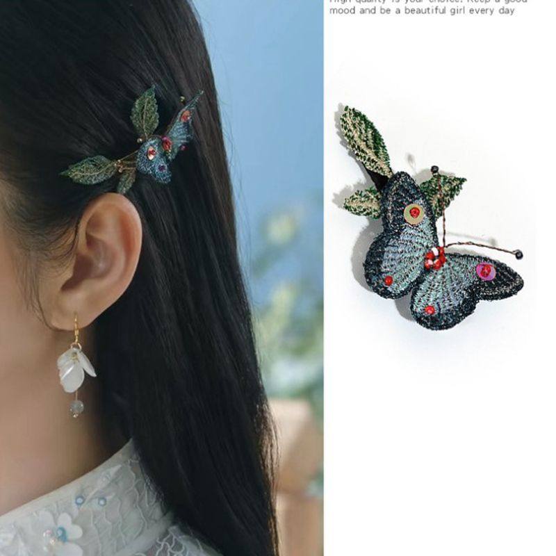 景甜司藤同款发饰发夹侧边夹菊花朵刺绣复古发饰