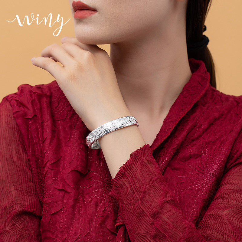 winy999纯银手镯女佛手足镯子传统复古老人长辈手镯