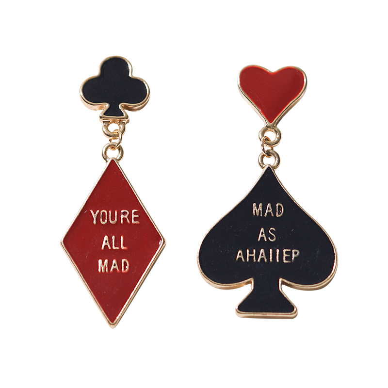 qiyuu可爱扑克牌耳钉黑桃红心字母耳环不对称几何耳环