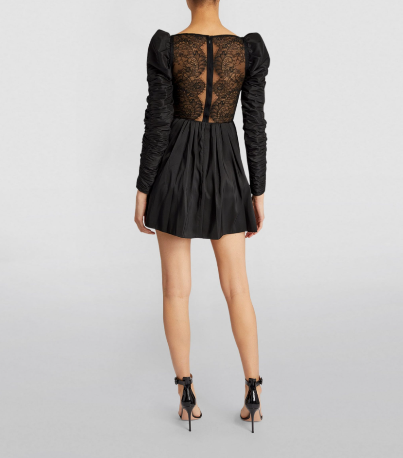 selfportrait长袖连衣裙礼服黑色短裙心形方领褶皱蕾丝连衣裙