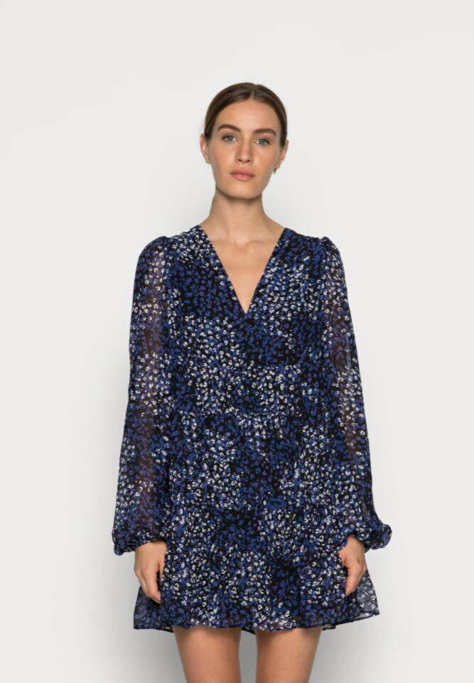 tedbaker长袖连衣裙雪纺深蓝色碎花纱网宽松淑女连衣裙