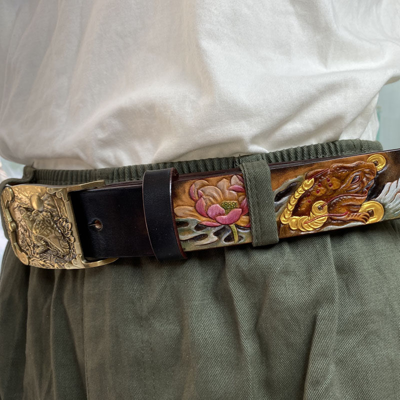 手工雕刻皮雕腰带招财三足金蟾腰缠万贯皮带美鞍腰带