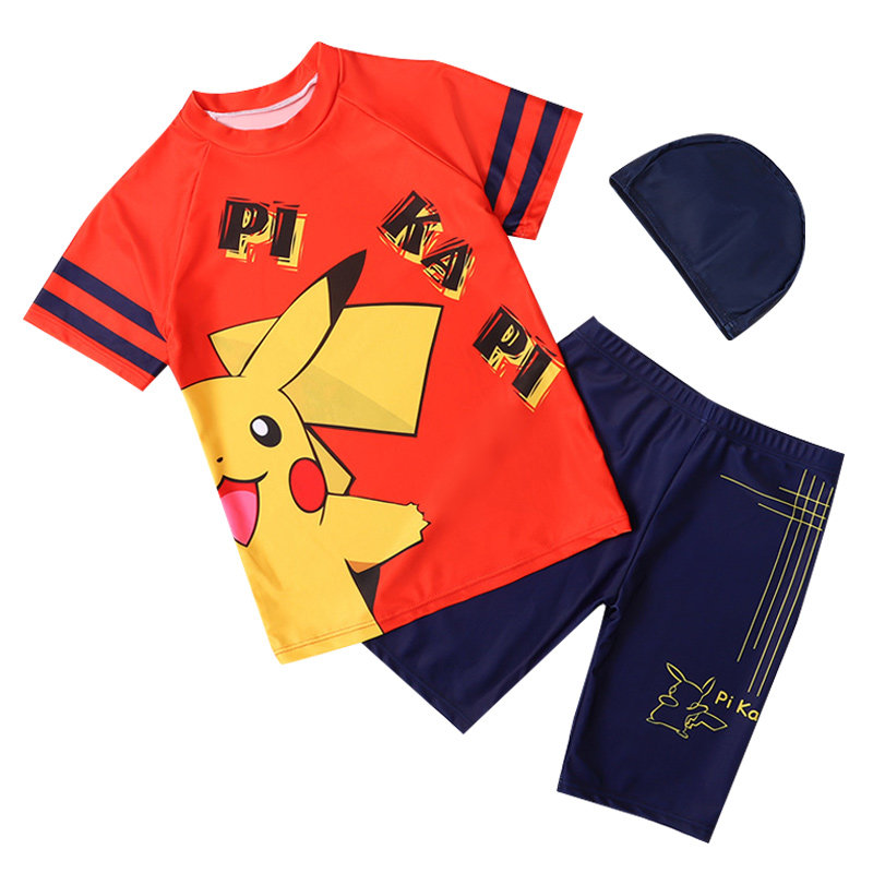 儿童皮卡丘图案泳衣男童青少年中大卡通套装加大儿童泳衣