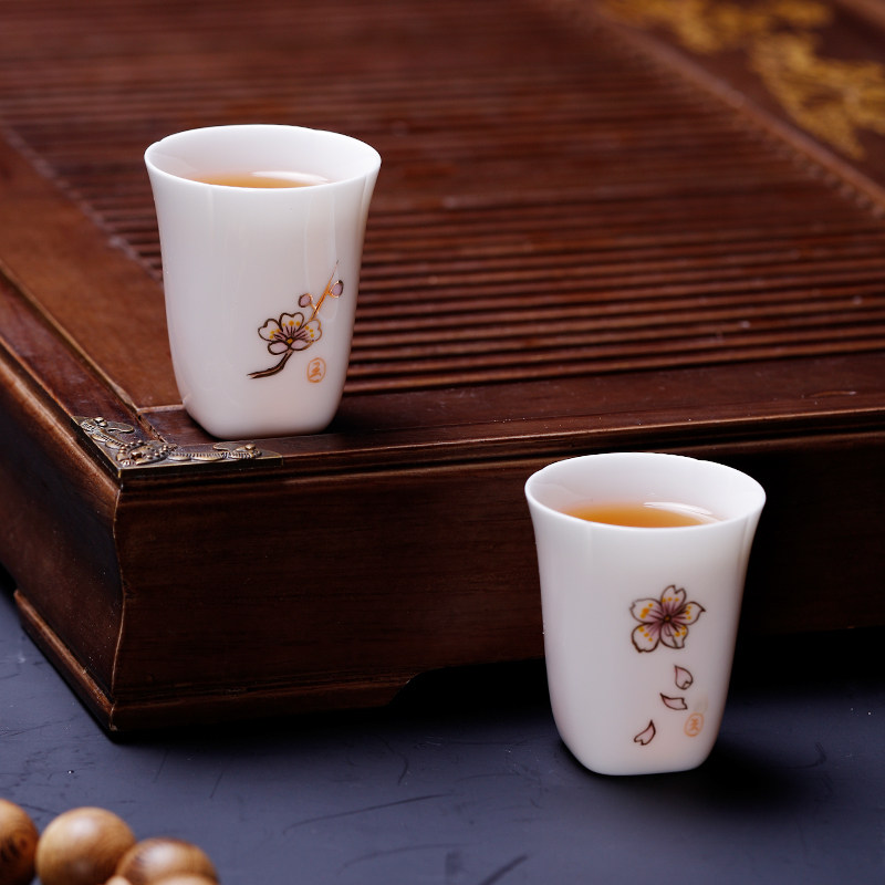 白瓷手绘茶花宫廷功夫茶杯子中式主人杯单杯品茗茶杯