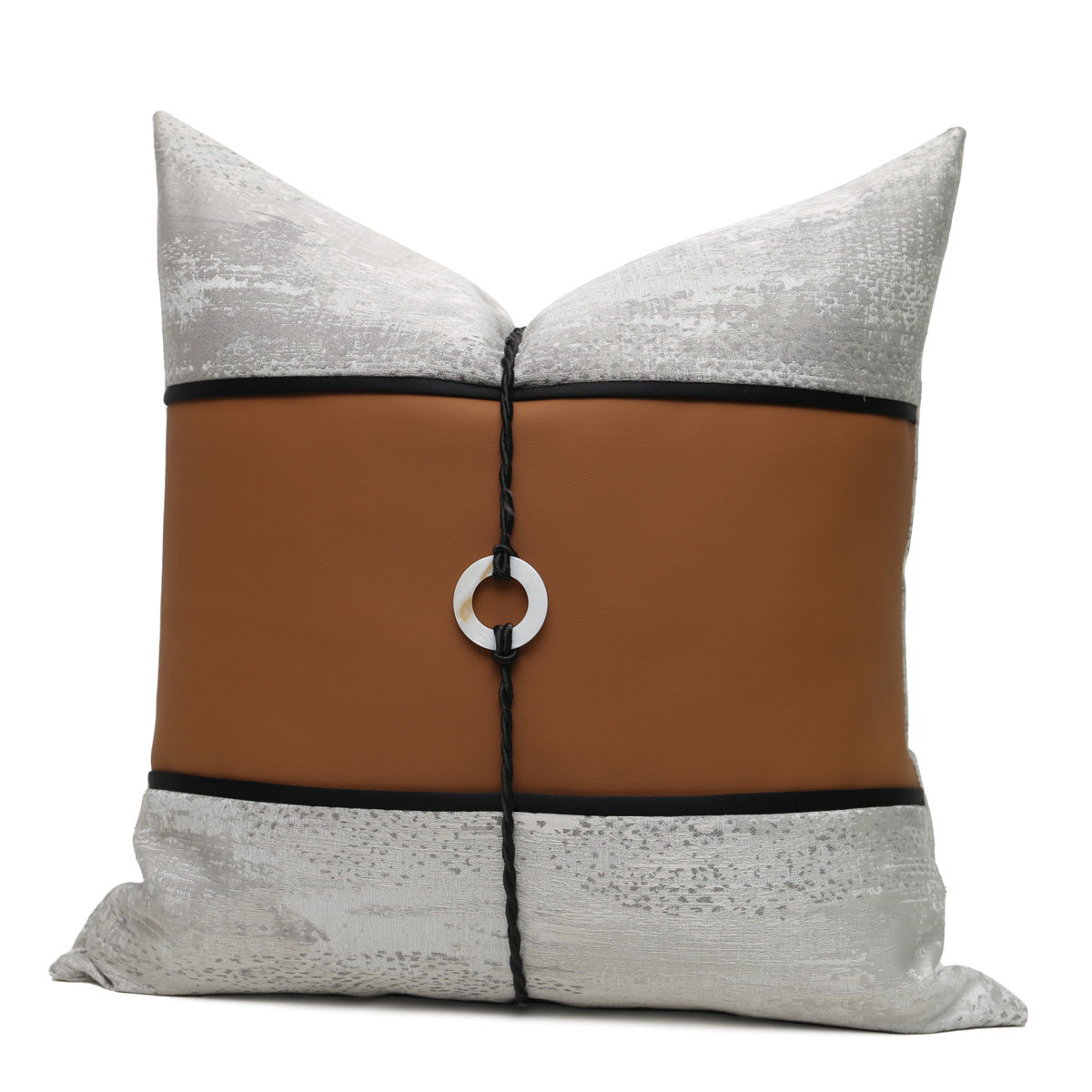 现代简约灰色皮革布料拼接抱枕样板靠垫