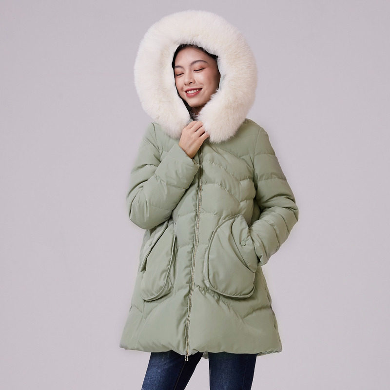 他他商城 女装 纳薇2019冬季新款真貉子大毛领牛油果绿色a字版中长