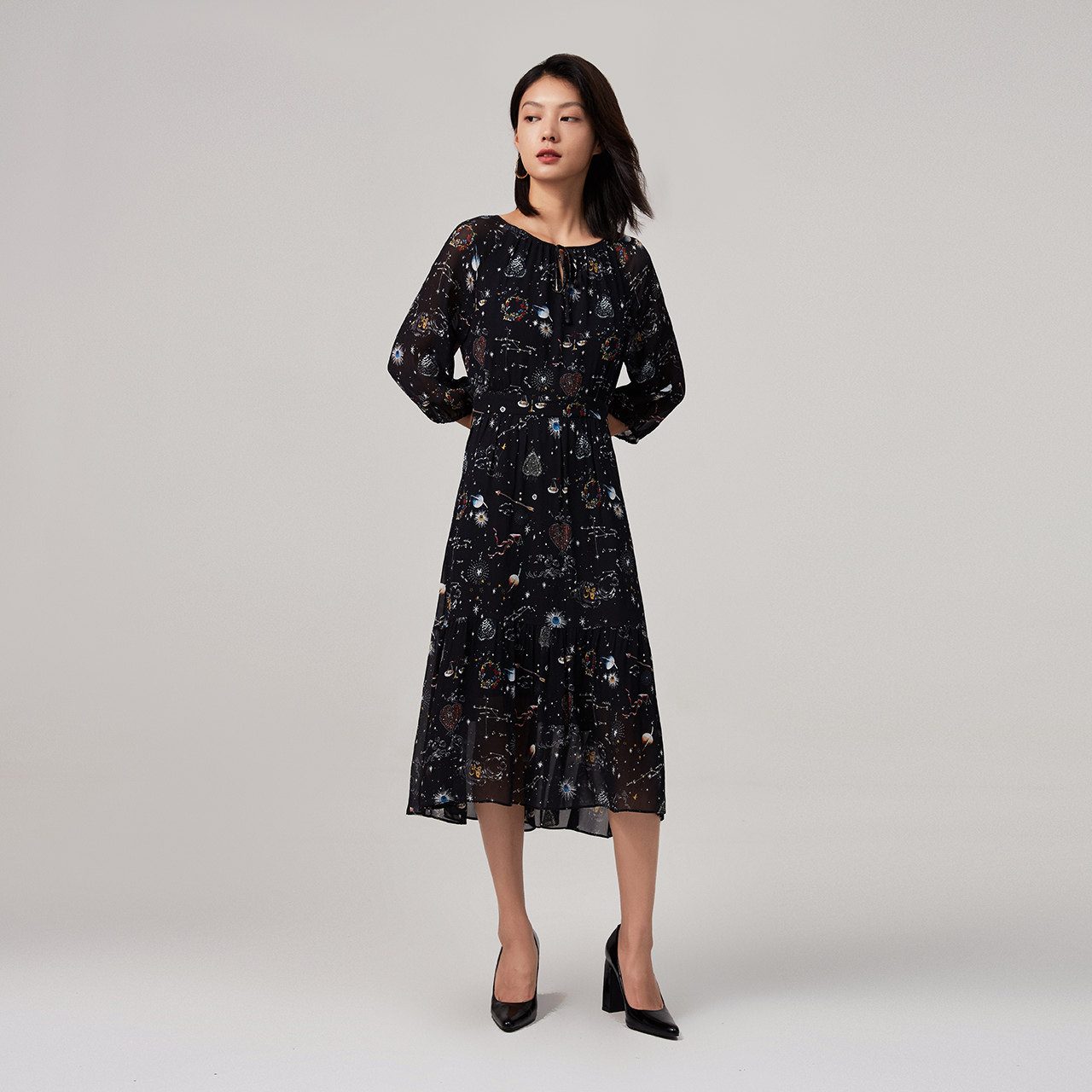 商场同款naivee纳薇2020秋季新款知性收腰星空连衣裙
