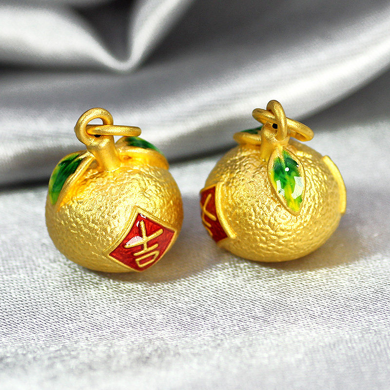 黄金3d硬金足金纯金烧蓝橘子吊坠挂坠项链颈饰
