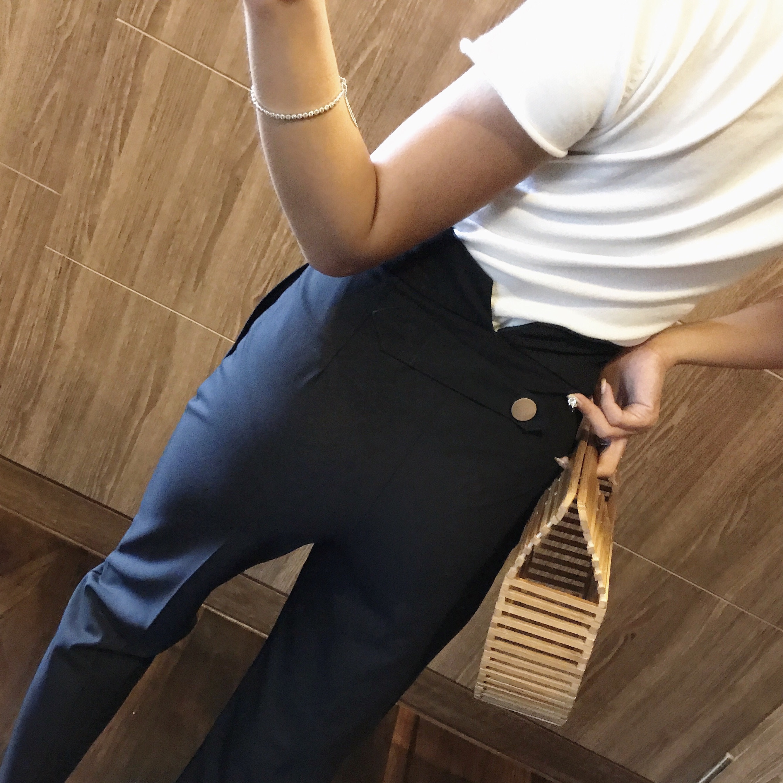 maki17夏季金属九分裤西裤裤女烟管扣复古高腰直筒八分欧美美女图片144图片