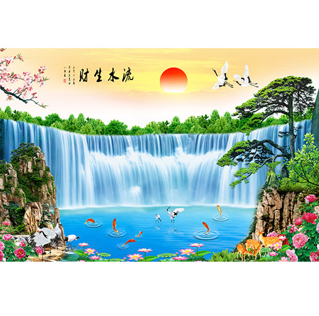 中式山水画流水生财自粘壁画贴画海报贴纸风水现代装饰画