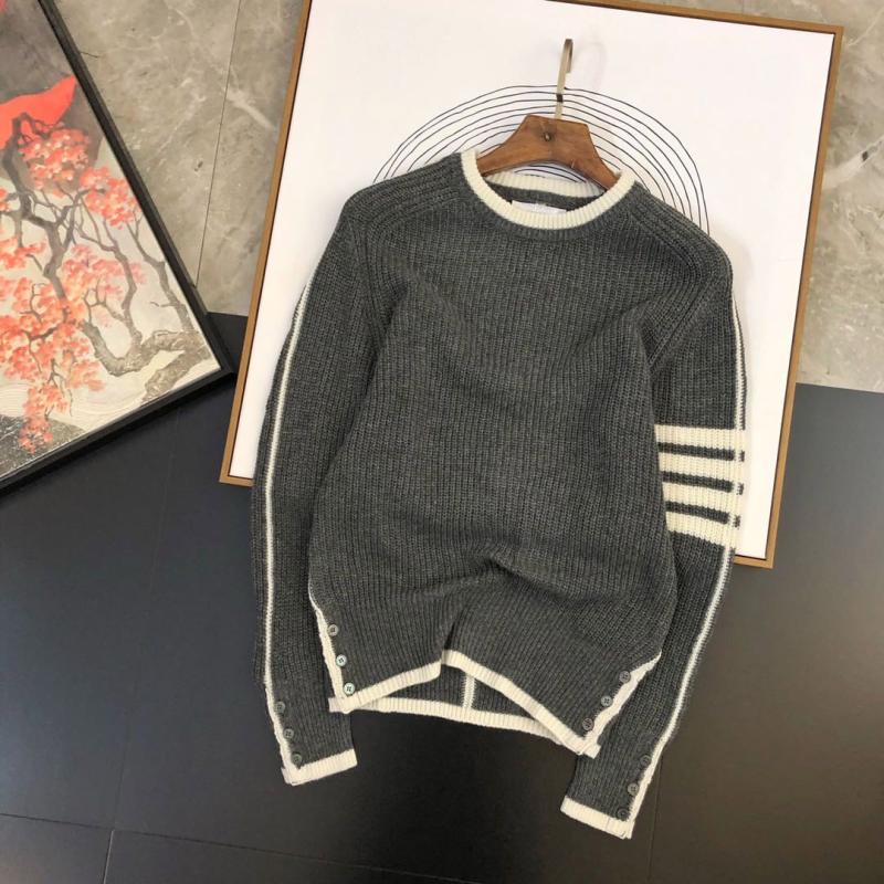 欧美潮秋冬条纹刺绣针织衫毛衣套头男士修身羊毛混纺外套圆领粗线