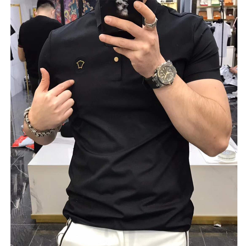 潮牌男装2022夏季新款刺绣人头像男士修身短袖T恤POLO衫纯棉翻领