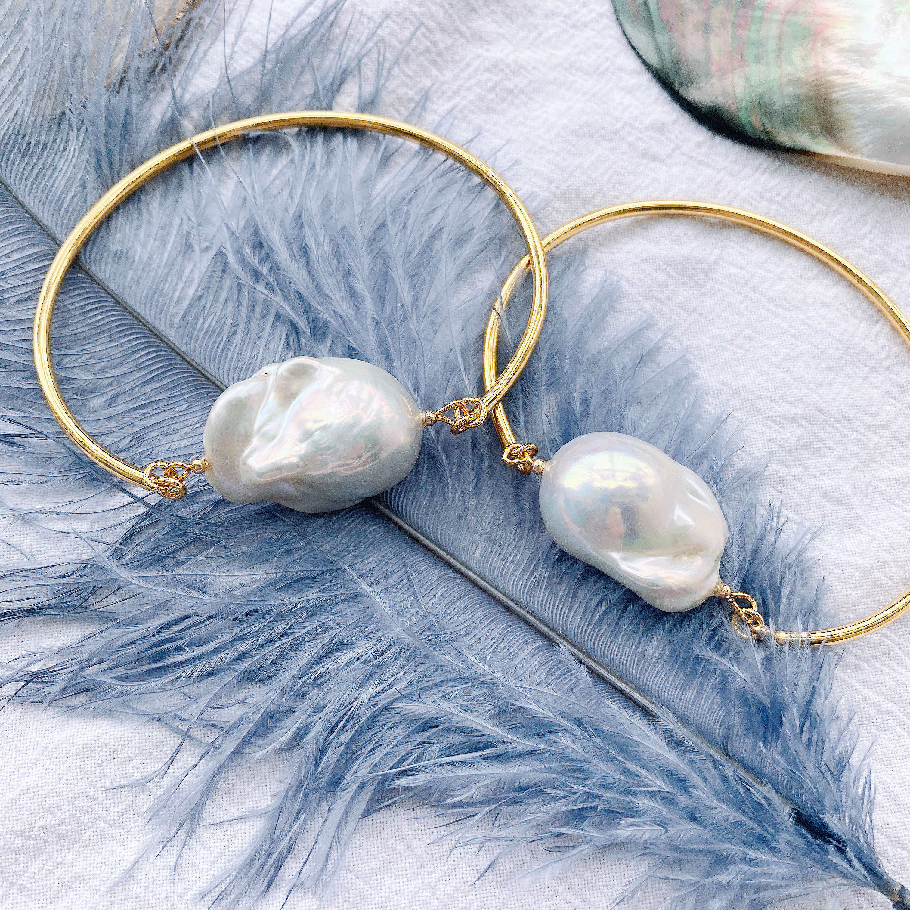 宫廷金保真金18k手镯复古简约珍珠异形巴洛克手镯