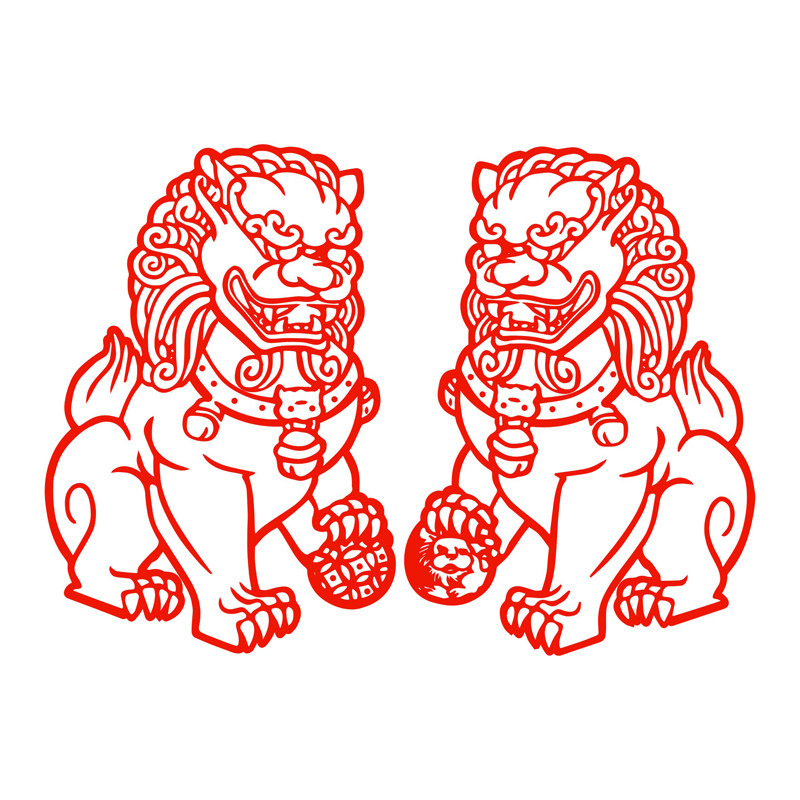 狮子剪纸贴纸石狮窗花不干胶防水金色贴画喜庆喜字