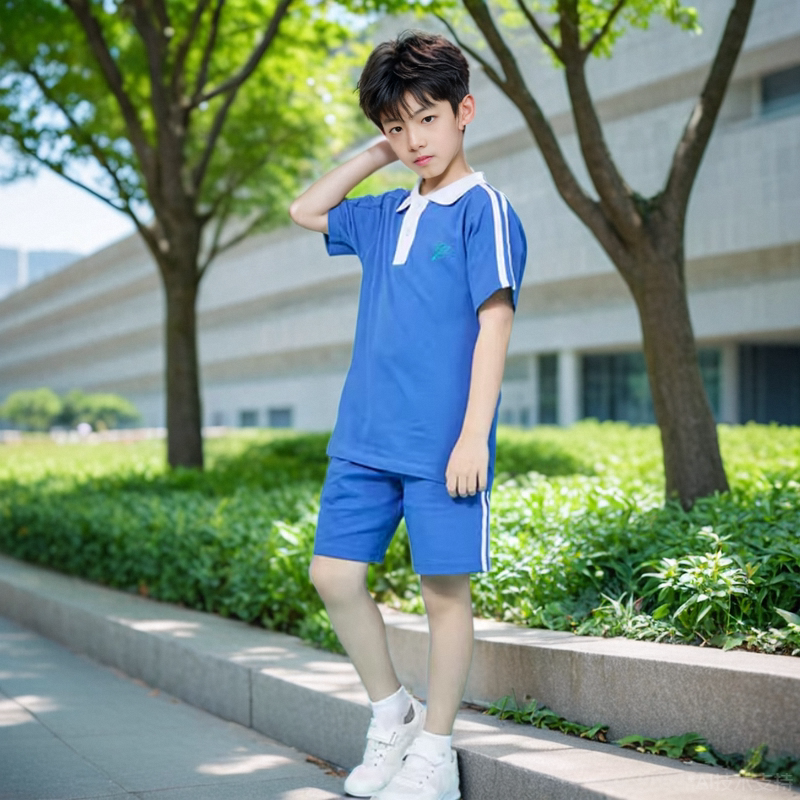 深圳校服正品莎臣豹小学男生夏季运动服蓝色短裤学生校服