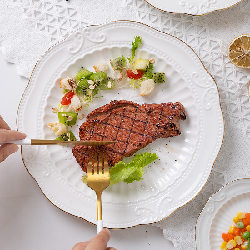 欧式浮雕西餐牛排宫廷风镶金边餐具家用菜盘盘