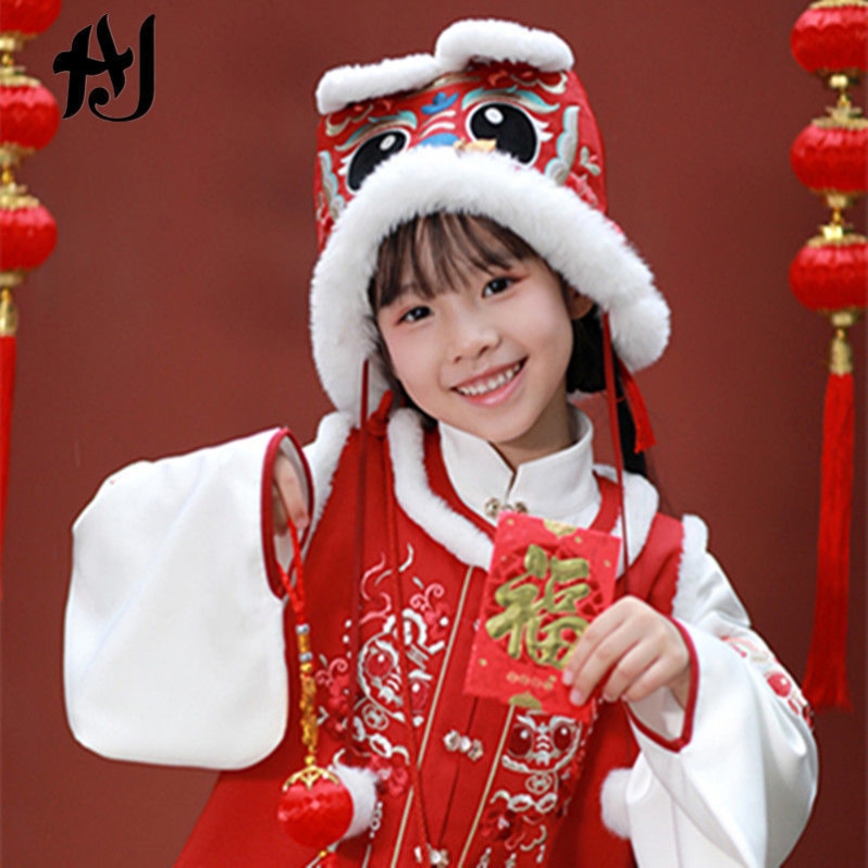 醒狮女童帽子虎头拜年新年婴儿汉服暖男保暖帽子