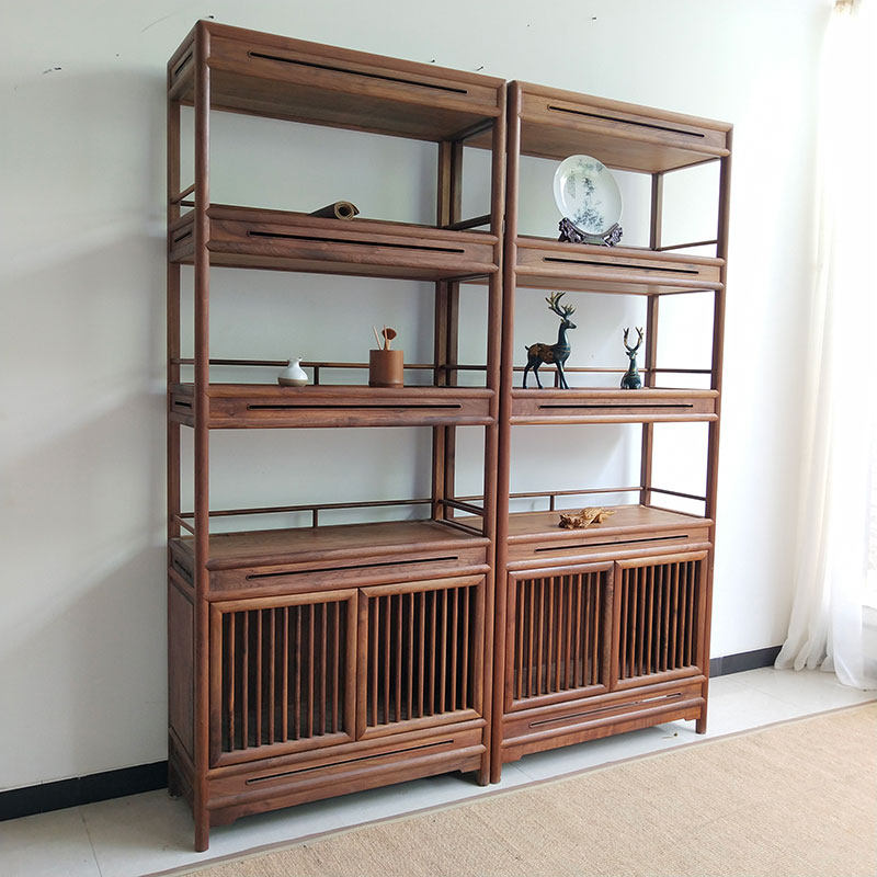 榆木组合书柜实木书架带门落地客厅定制新中式现代简约黑胡桃木色
