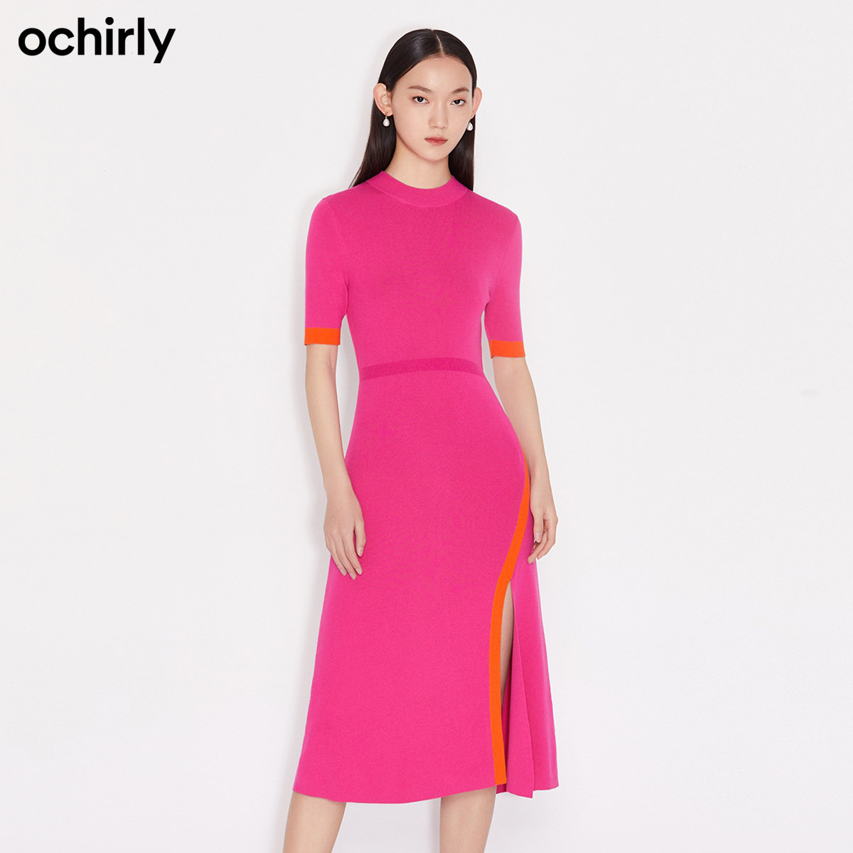ochirly欧时力2021新款春装圆领领收腰开针织连衣裙连衣裙