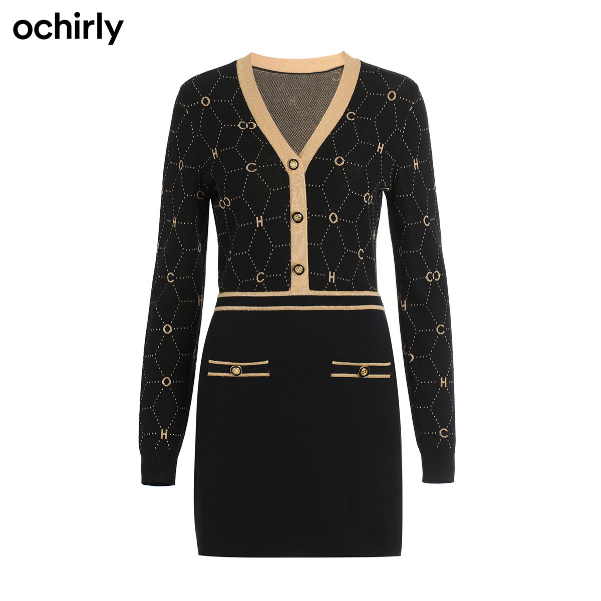 2件9折欧时力2021新款冬装老花菱格v领镶边假两件针织连衣裙女