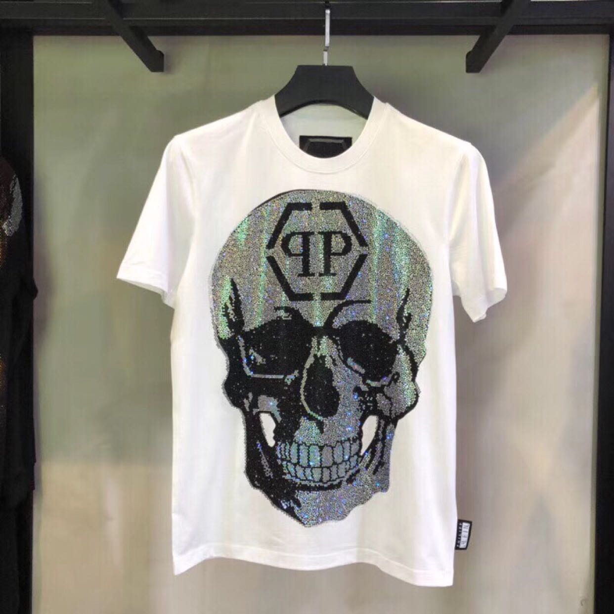 欧洲站潮牌个性情侣白色短袖T恤骷髅烫钻男装休闲时尚修身上衣T