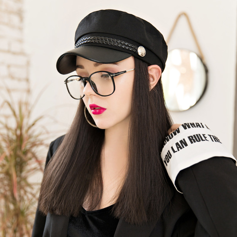帽子带假发一体女秋冬天款英伦复古中长发自然时尚贝雷帽全头套式