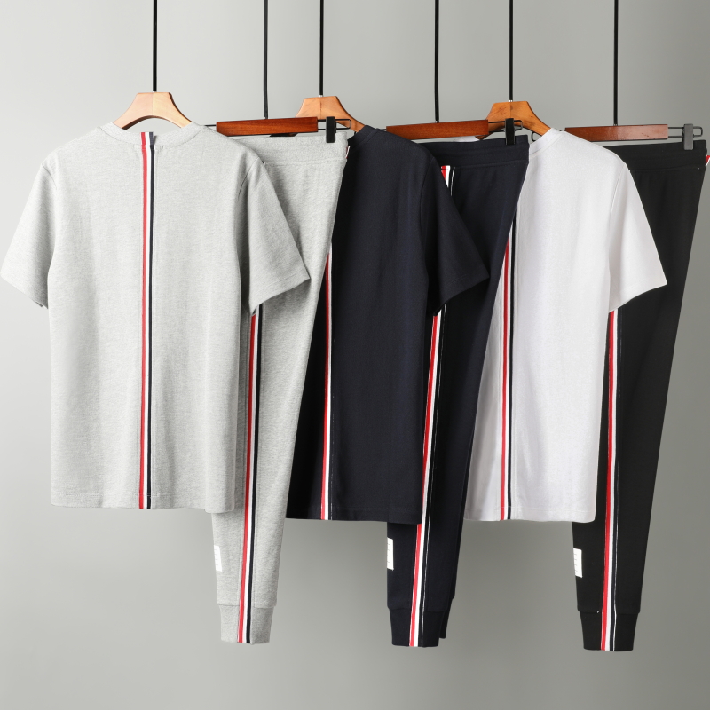 2022春夏新款潮牌TB背后织带短袖T恤休闲运动套装男女款纯棉长裤