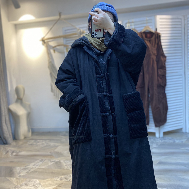 复古国风盘扣宽松棉麻大棉衣夹棉冬季加厚长外套女式立领保暖棉袄