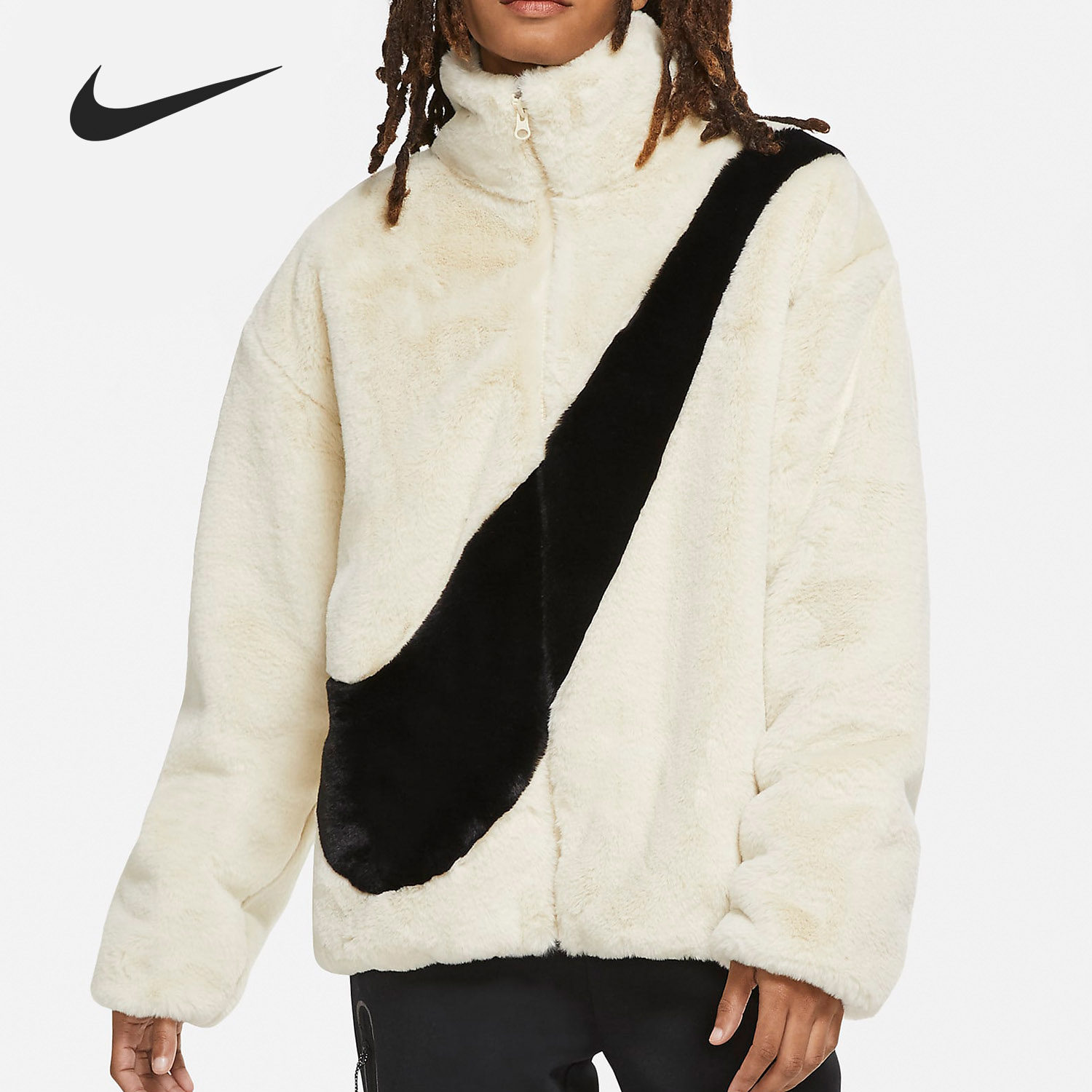 nike耐克网红swoosh大勾羊羔防风保暖夹克仿皮运动茄克