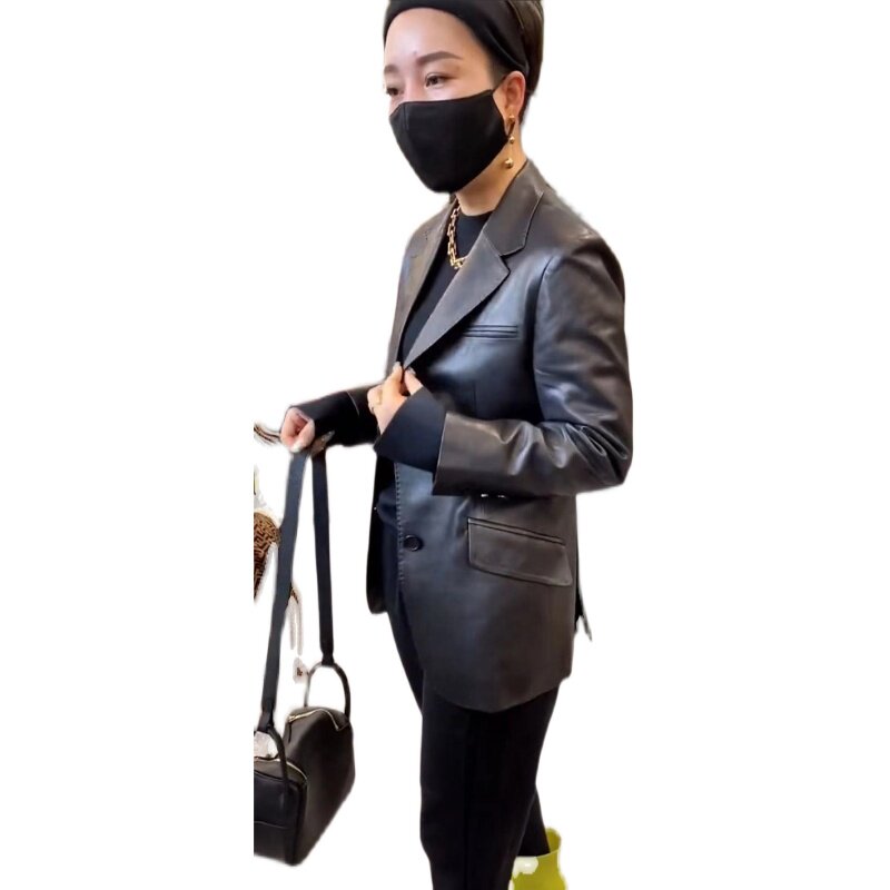 抖音瑞乔服装同款黑色皮衣内搭卫裤早春春秋时尚套装