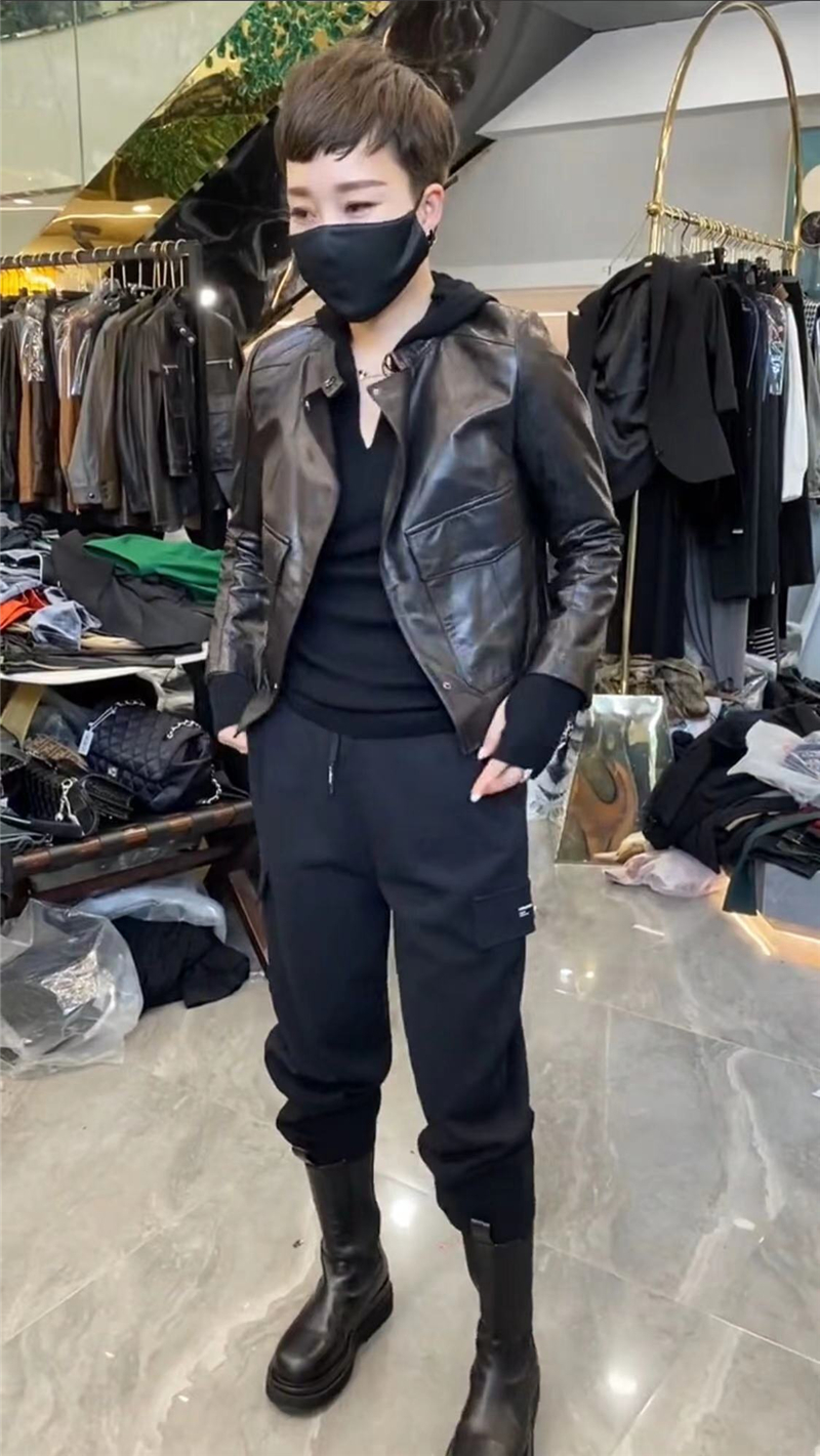抖音乔瑞服装店同款黑色皮夹克卫衣卫裤早春春秋时尚套装