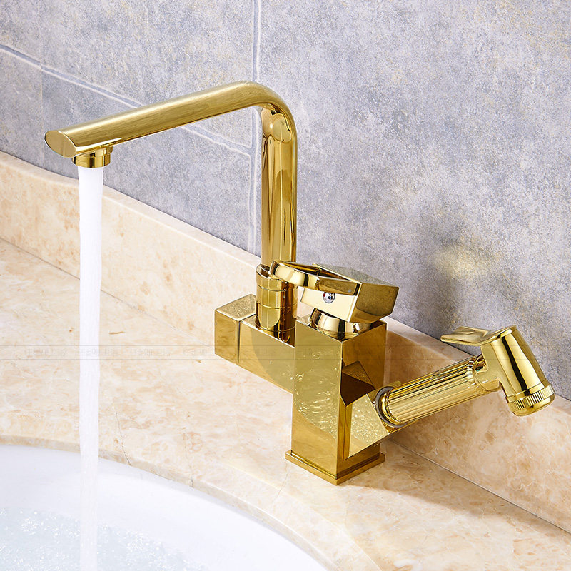 金色水龙头抽拉式冷热洗脸盆面盆全铜台上盆可拉伸缩旋转龙头高款