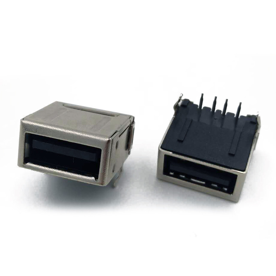 usb2.0母头黑胶全包单层90度4pin固定柱脚插件连接器