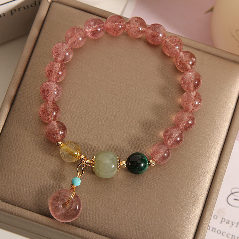 天然草莓晶粉水晶手链女原创设计和田玉转运珠招桃花平安扣手串潮